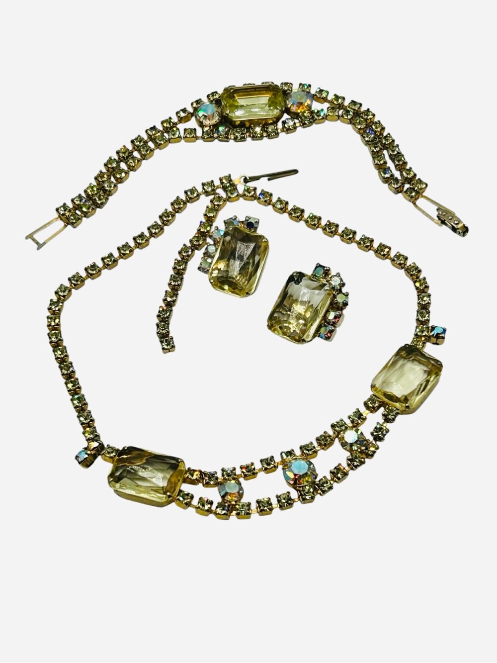 Stunning Vintage Yellow Rhinestone AB Rhinestone Set Necklace Bracelet Earrings